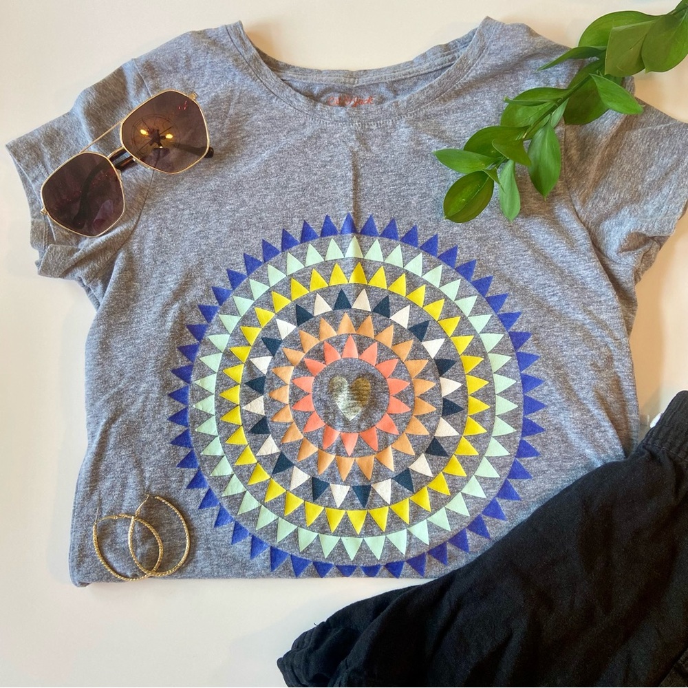 Gray Tee with Colorful Geometric Design